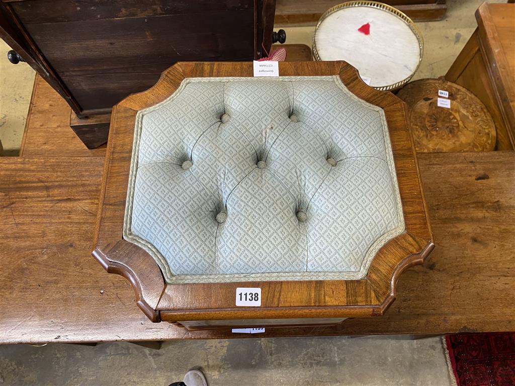 A Victorian mahogany buttoned box topped stool (formerly a commode), width 46cm, depth 40cm, height 43cm